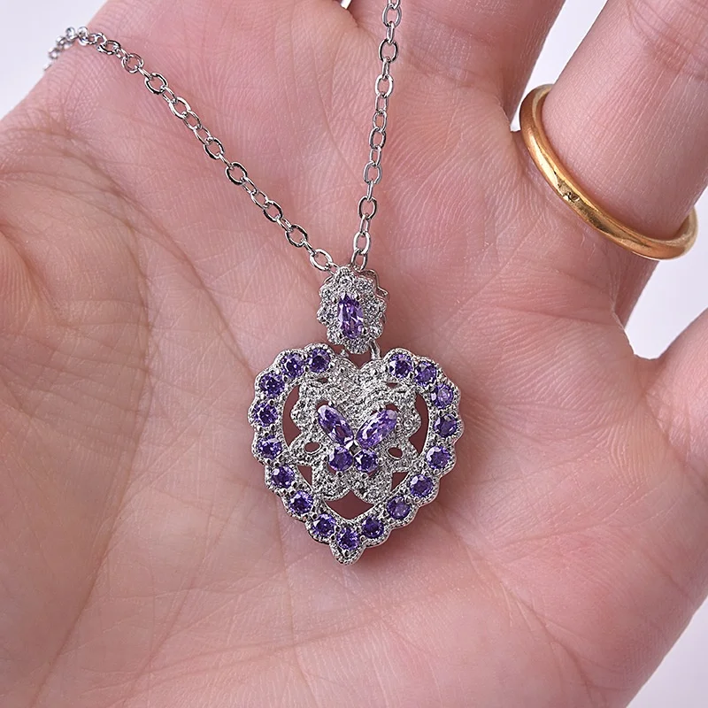 

Vintage Charm Pendant Statement Necklace for Women Noble Purple Zircon Crystal Stone Butterfly Pendant Sweater Necklace