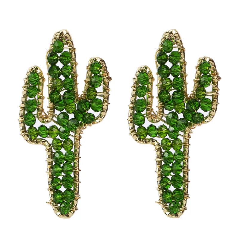 

Latest Creative Design Jewelry Green Hand Made Acrylic Beads Cactus Earrings Crystal Beads Cactus Stud Earrings, As picture