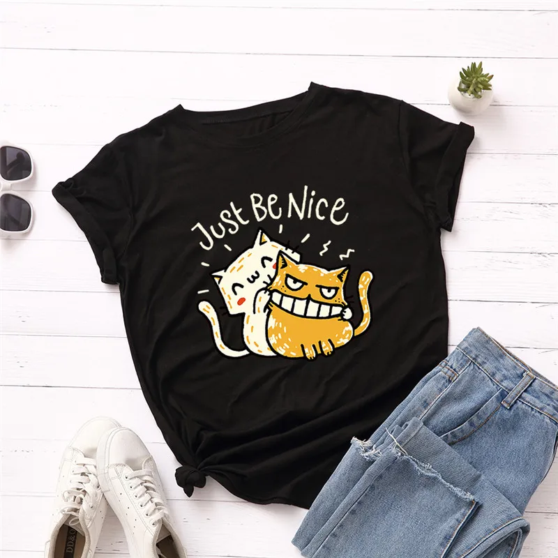 

11 Colors Women Cartoon Cat Printing T Shirt 100% Cotton T-shirt Women O Neck Plain Short Sleeve Causal Tshirts, Picture