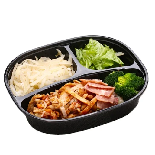 

American style 32oz PP Plastic  Microwave Bento OVAL Restaurant takeaway fast food packing disposable 3-compartment box, Black,white,transparent