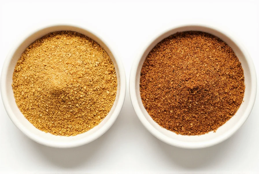 Close-up comparison of ground coriander and cumin spices in small bowls