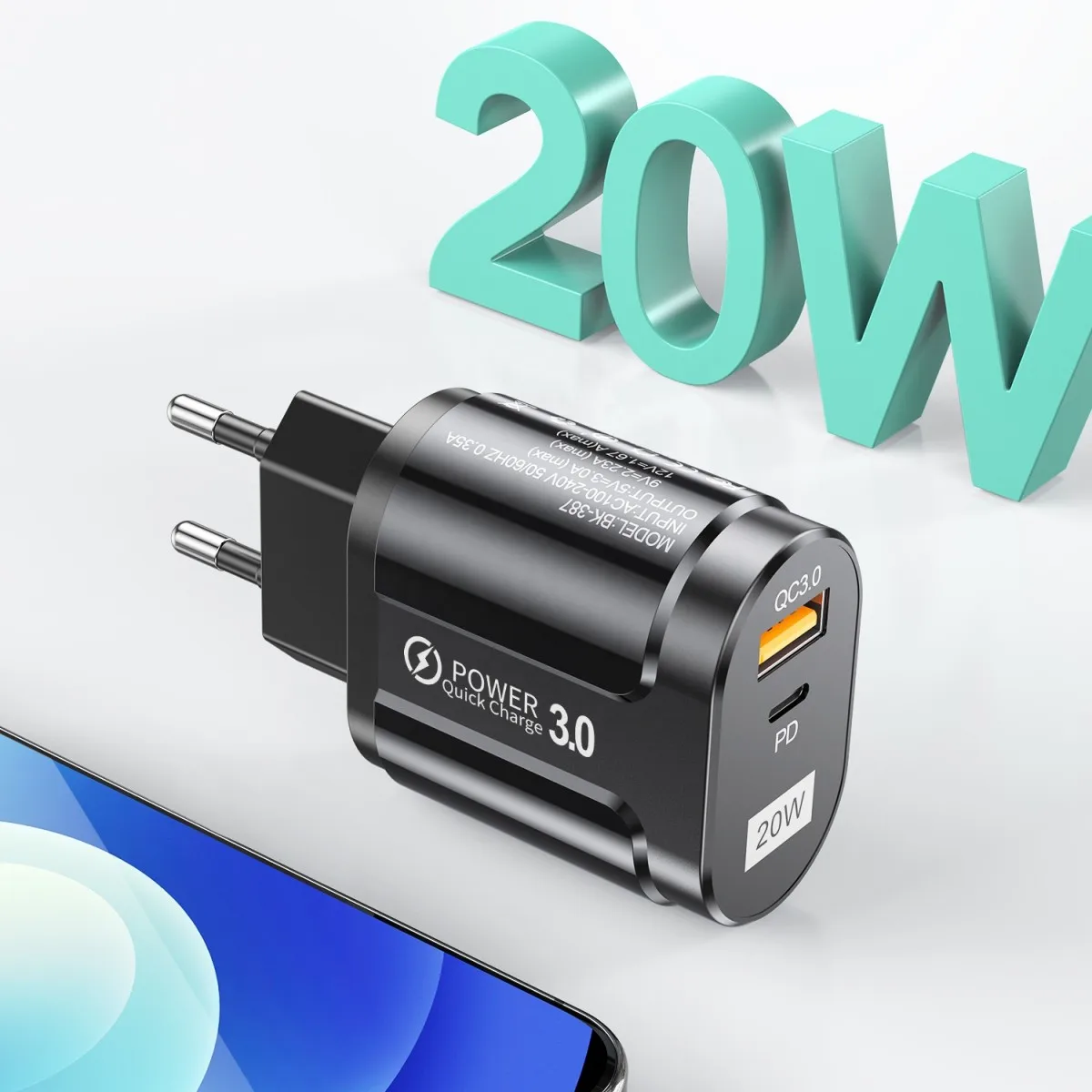 

2021 20W Quick Charger USB QC3.0 PD 3.0 Type-c Fast Charging Travel Wall Adapter Mobile Phone Charger EU US UK For iPhone