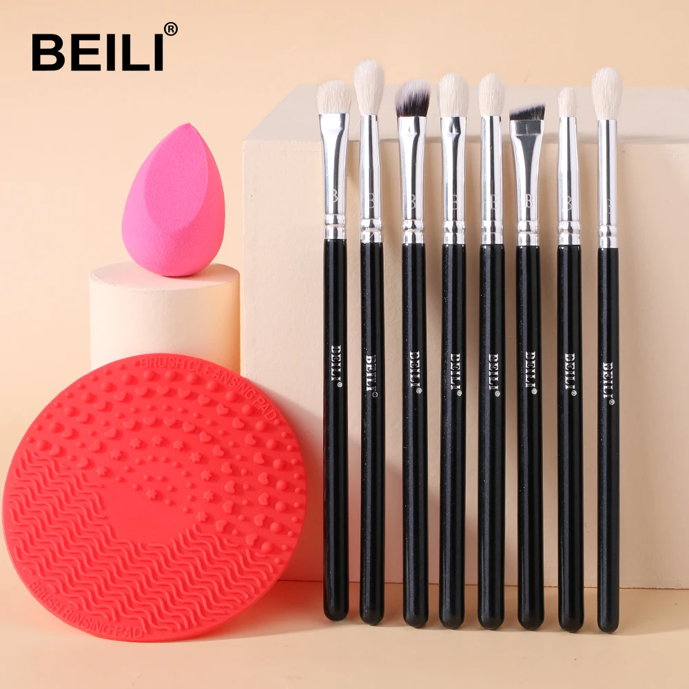 

BEILI New Arrival 8pcs Black Cosmetic Brushes Synthetic Hair Eyelash Blending brushes set With sponge Makeup brush cleaning pad