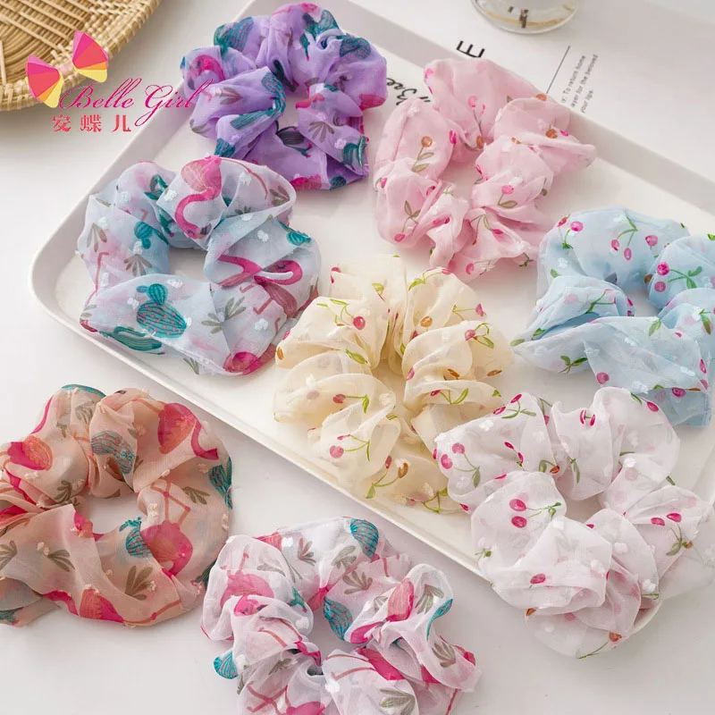 

BELLEWORLD in stock summer style Net yarn satin scrunchie 11cm good quality 8colors flower leaf cherry fruit hair scrunchies