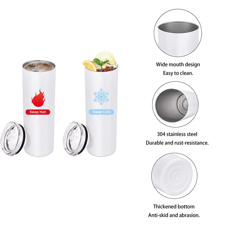 

Sublimation Heat Transfer 20oz insulated Double Walled Stainless Steel Mugs Blank Straight Skinny Tumbler With Straw, White