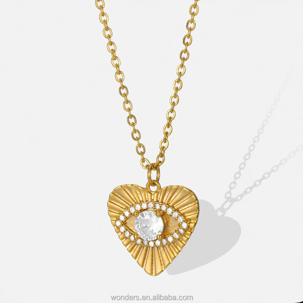 

Evil Eye Necklaces for Women 18k Gold Plated Textured Disk Necklace CZ White Protection Heart Pendent Heart Necklace