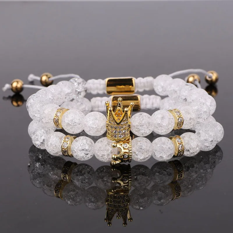 

Hot Selling CZ Mirco Pave Crown Charm Crack Crystal Stone Beads Handmade Men Women Couples Macrame Bracelet