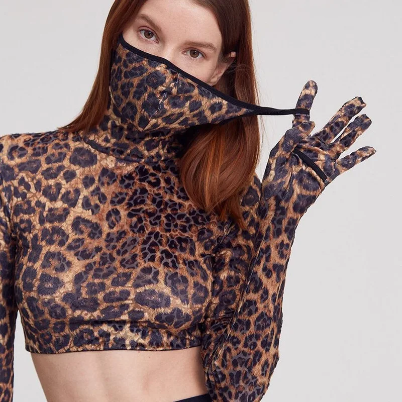 

Autumn Midriff High Collar Leopard Bodycon Printed with Mask Gloves Long Sleeve Woman Sexy T shirt