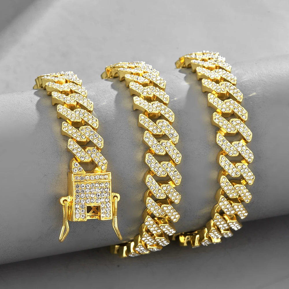 

12mm New Hip-hop Nice Rhinestone Necklace For Men Luxury Cuban Chain Bracelet Set Rapper Link Silver Gold Chokers Men Jewelry, Silver / gold color