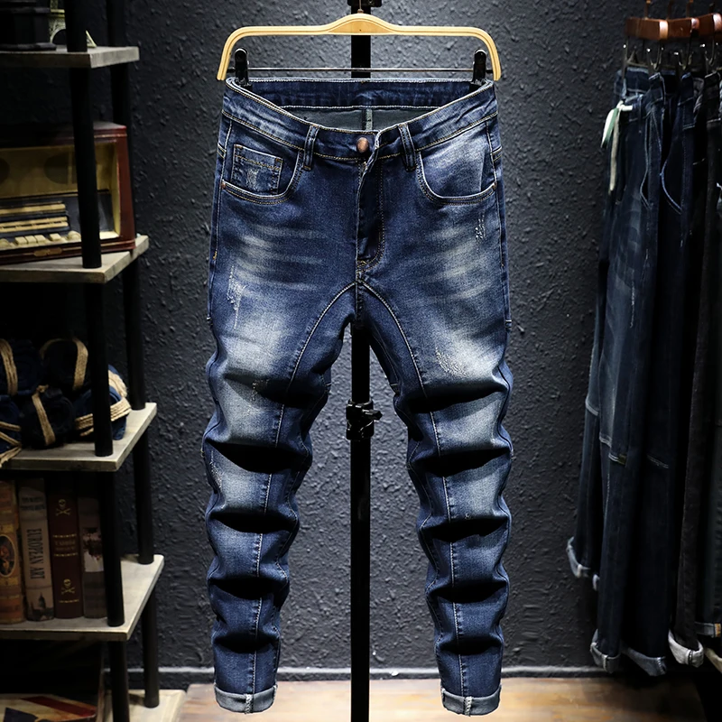 

Bulk Wholesale Cheap Good Quality Fashion Long Denim Jeans Made in China OEM service Slim High Eastic Wash Jeans Pants Man
