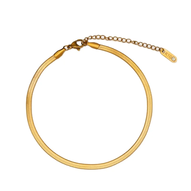 

Chris April in stock fashion jewellery 316L stainless steel PVD gold plated non-tarnish herringbone chain anklet, Yellow gold