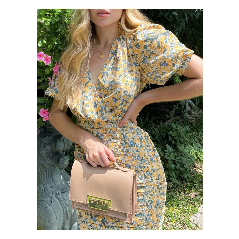 

Puff sleeves ditsy floral print ruched bodycon wrap dresses, Floral as pictures