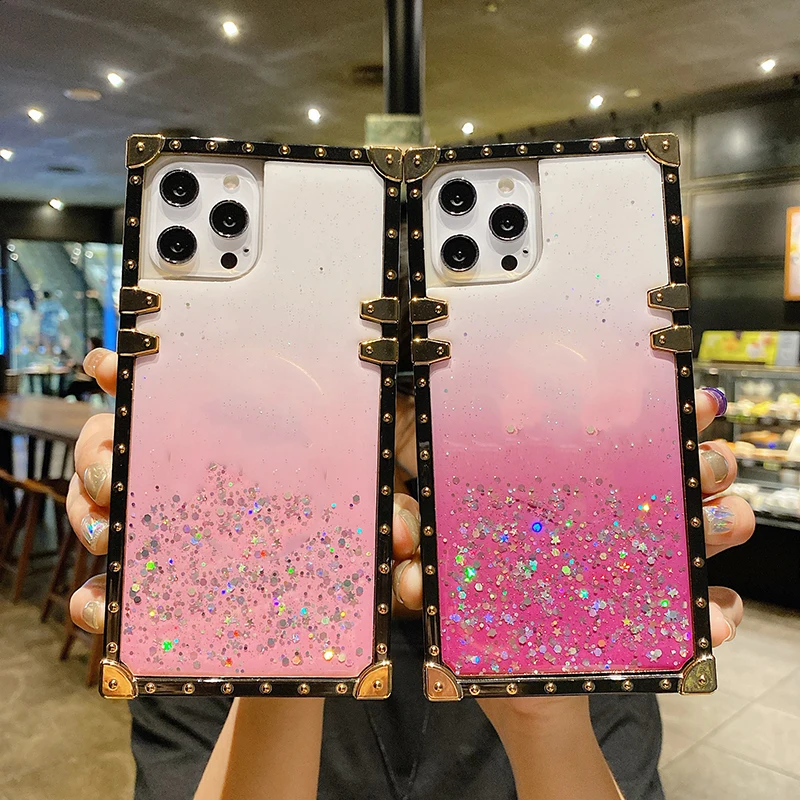 

Cute Glitter Square Phone Case For iPhone 12 Pro 11 Pro Max X XS Max XR X 6S 7 8 Plus SE Silicone Gradient Rainbow Sequins Cover