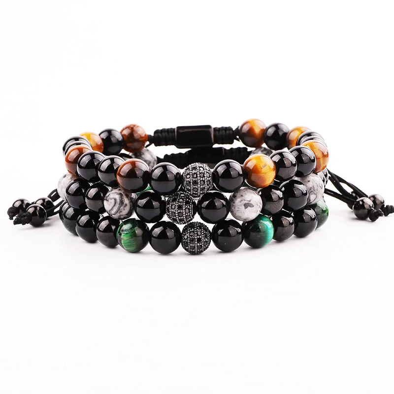 

Natural Stone Tiger Eye Beads Braided Micro CZ Ball Friendship Macrame Adjustable Bracelet Men Jewelry