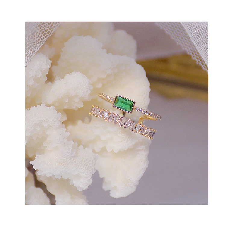 

Slim Gemstone Emerald Diamond Ring Rose Gold Plated Women's Ring Adjustable Boutique Jewelry
