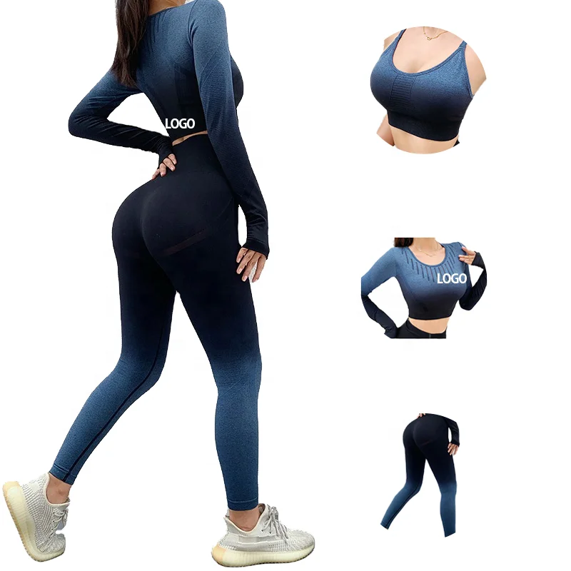 

Workout dip dye 3 piece long sleeve women seamless high waist yoga pant activewear gym set clothing, Customized colors