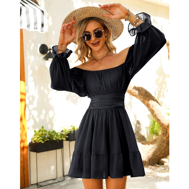 

2022 New Arrivals Casual Puff Sleeve Square Neck Solid Color Knee Length Sexy Black Dress for Married, Picture