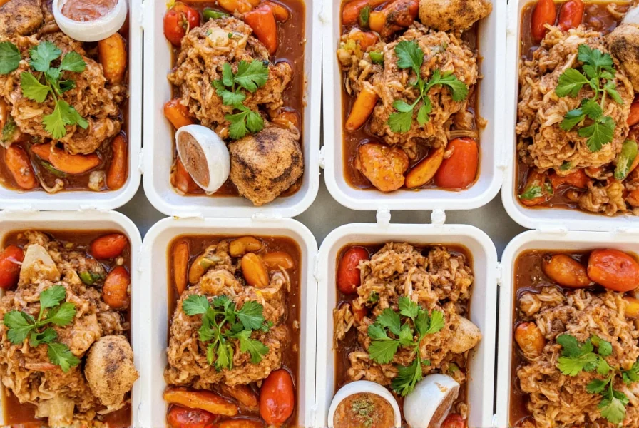 Thai takeout containers with various chili-based dishes and condiments arranged neatly for transport