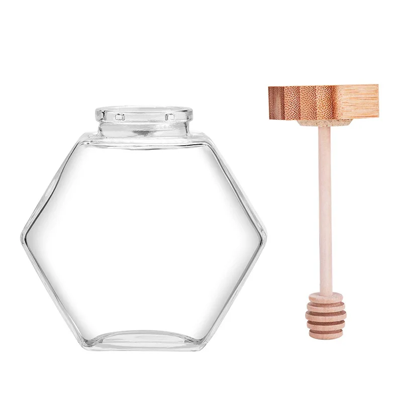 

customizable clear custom logo hexagon honey glass storage jar with wooden lid and dipper, Transparent