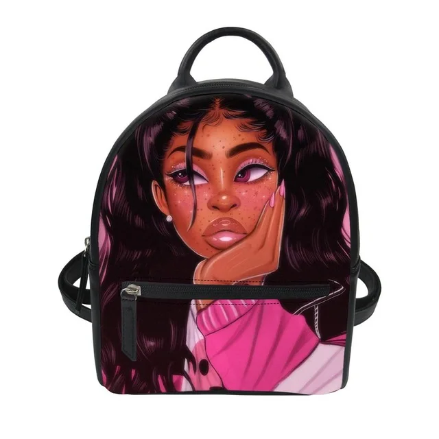 

Backpacks Women Black Art African Girls Bookbag Ladies Luxury PU Leather Backpack Females Mini Shoulder Bags Bolsa, Customized