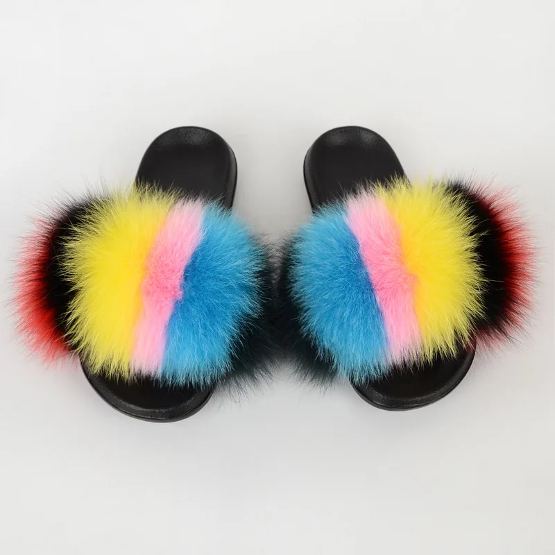 

rainbow blue pink red black strip colorful ladies fashion fancy flat real fox fur sandals