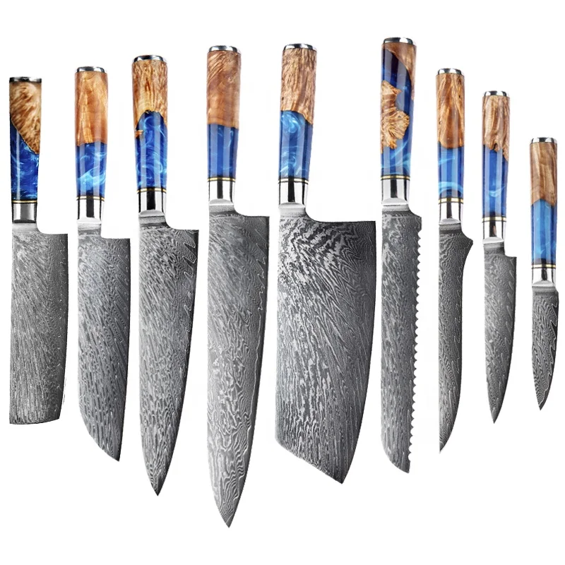 

Dropshipping Hot Selling 67 Layers Damascus Steel Kitchen Chef santoku slicing bread cleaver butcher utility paring Knife Set