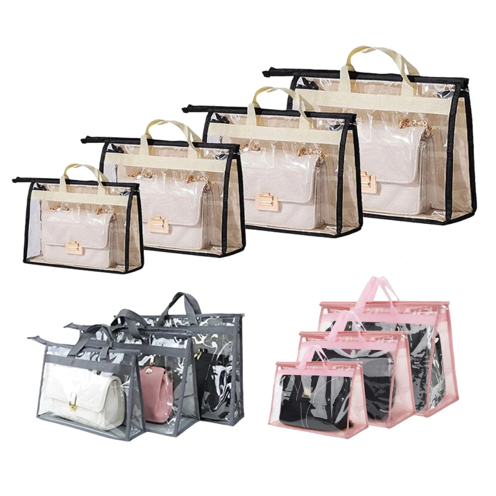 

FF247 PVC Transparent Zipper Hanging Storage Bag Clear Purse Handbag Closet Storage Organizer Dust Bags for Handbags Luxury, Grey/beige/pink