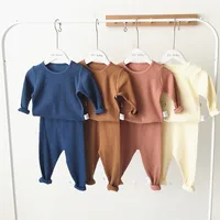 

Hot sale newborn baby clothes solid colour ribbed baby 2pcs pajamas Rib Cotton Clothing set