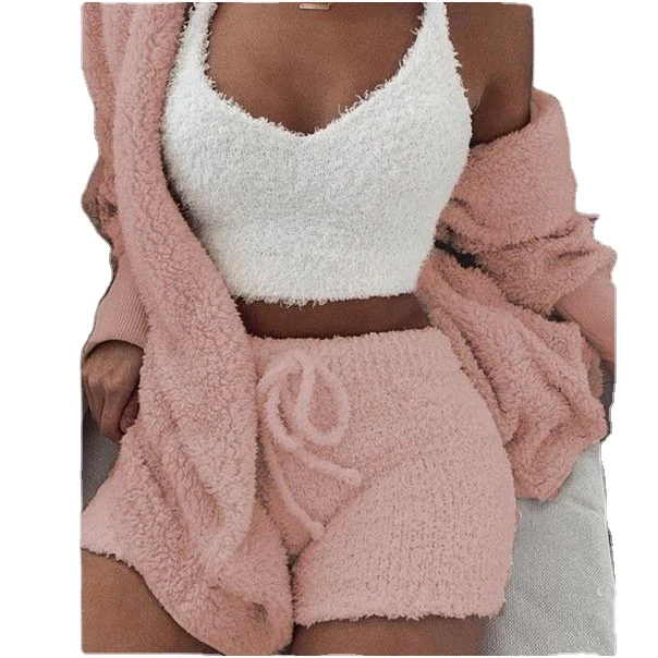 

wholesale ladies plush 3 piece tracksuit casual pajamas long sleeve cardigan vest short pant women party sweater set, Shown