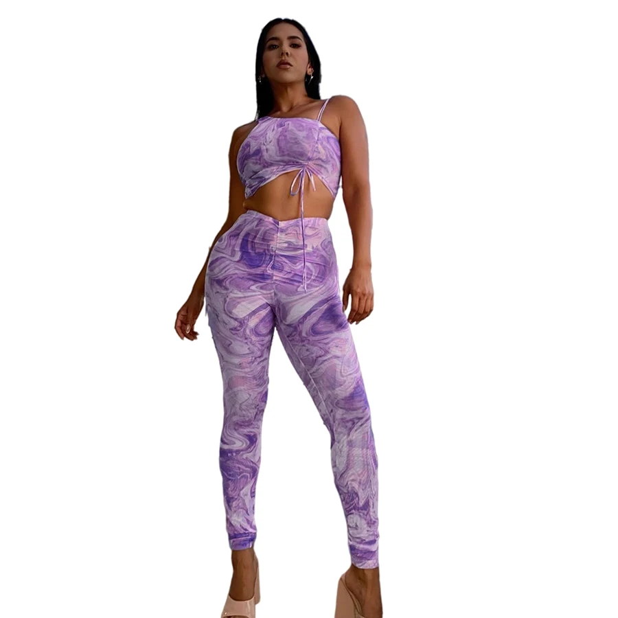 

K21S05552 2021 Fashion Aesthetic Print Two-piece Irregular Bandage Drawstring Sleeveless Top + Slim Pants Women's Set