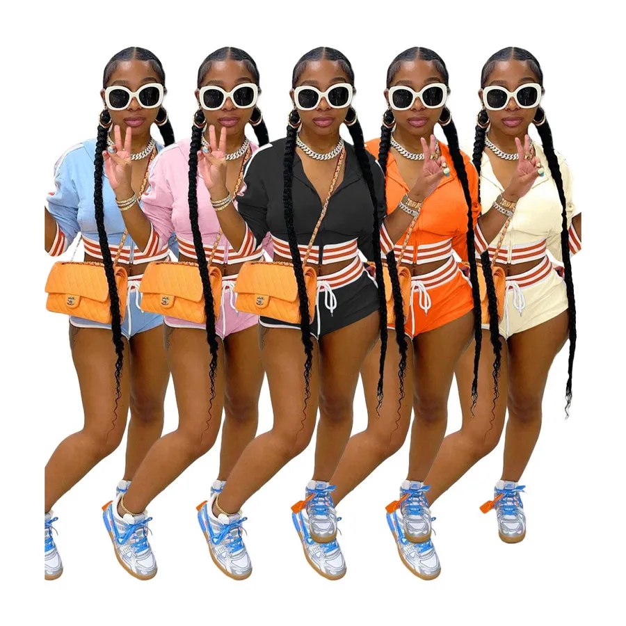 

fashion women clothing patchwork striped hooded hoodie And Short blouse crop top with zipper sexy shorts sports 2 piece set 2020