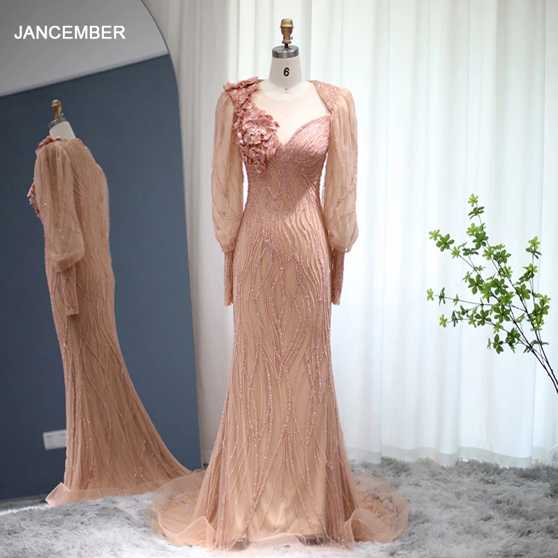 Lscz165 Luxury Dubai Rose Gold Mermaid Muslim Evening Dress For Women Wedding Party Elegant Long Arabic Formal Dresses