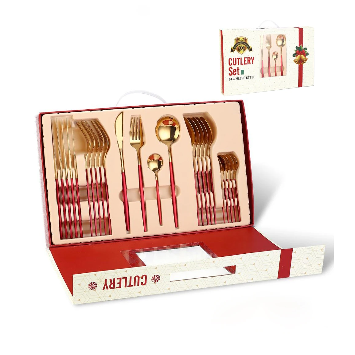 

Amazon Hot Sale Luxury Christmas Gift Box 24 Pieces Food Grade Stainless Steel Red Gold Cutlery Set, Picture
