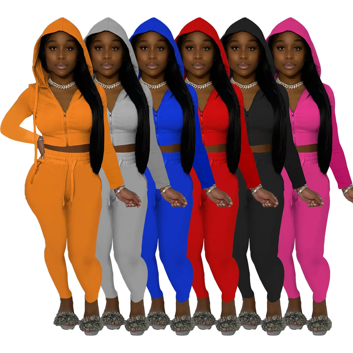 

Latest Women's Hoody Fall Two Piece Set Zipper Sportswear Outfits Solid Colors Jogger Women 2 Piece Set fashion sweatsuit outfit, Photo color