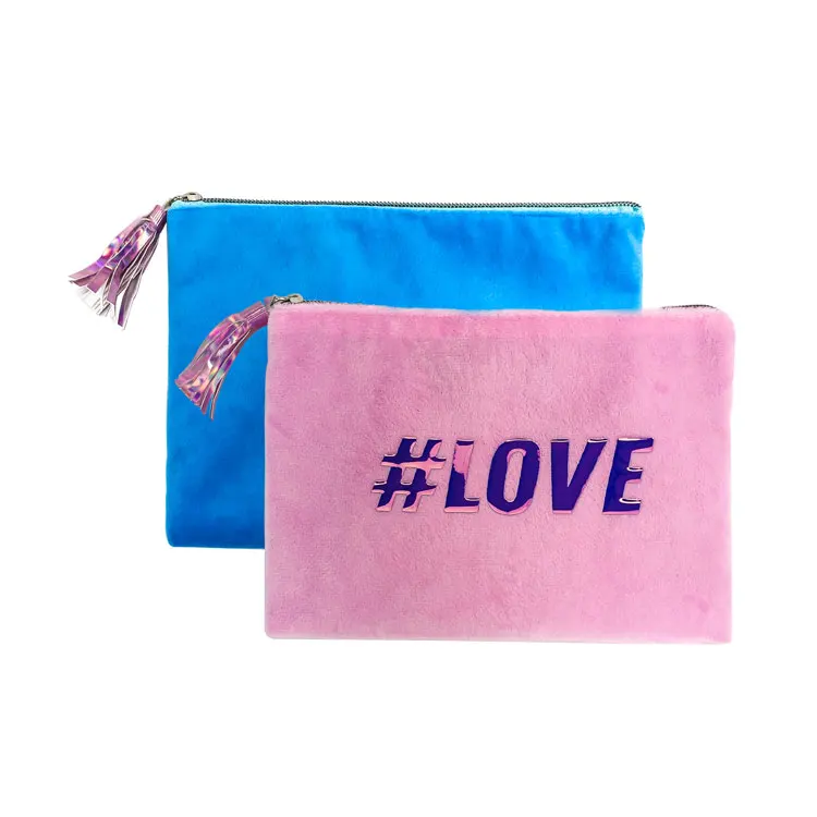 

Low MOQ Plush Velvet Custom Pouch Luxury Beauty Makeup Bag Zipper Closure Travel Cosmetic Bag with Hot stamping monogram, Pink/blue/yellow/purple