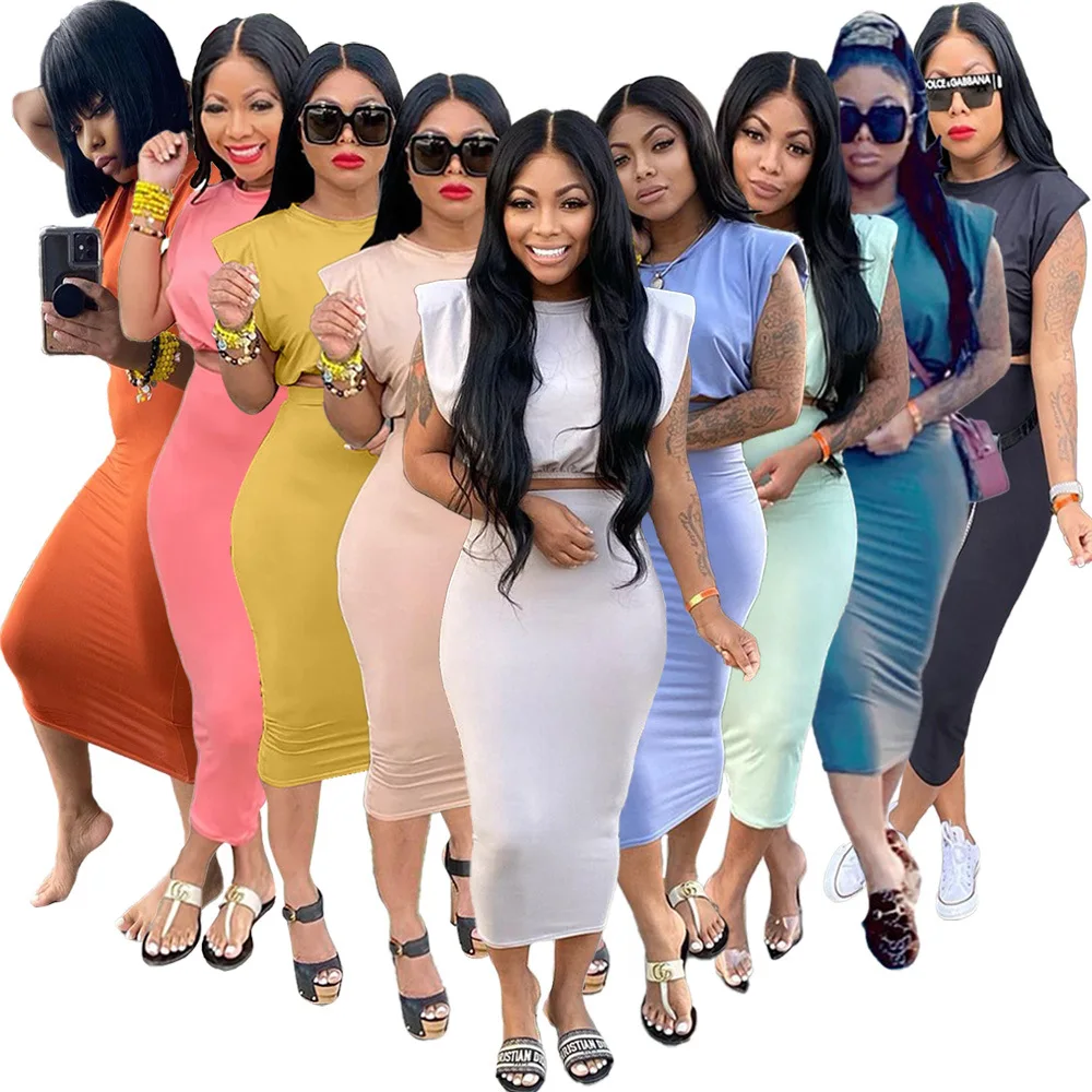 

Summer Stylish Sexy Plain Slim Fit Tight Office Elegant Casual Crop Tops Pencil Bandage Long Skirts Women Two Piece Skirt Sets