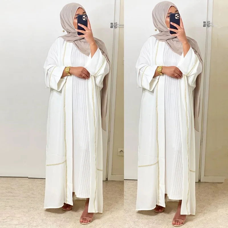 

1377 MuslimQLO dubai Middle East stitching cardigan female robe kimono abayas from dubai women 2020, White,light green