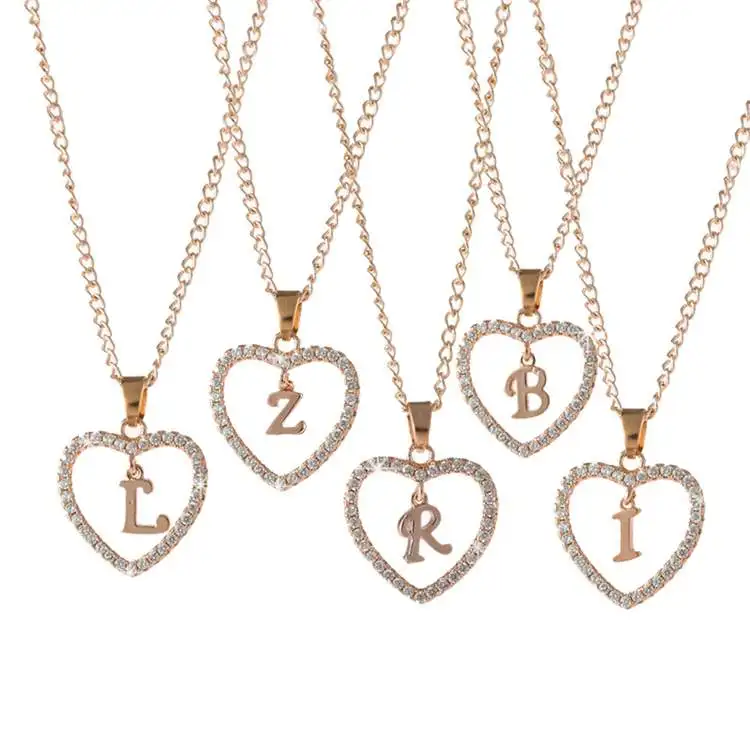 

Wholesale 2021 Fashion Rose Gold A to Z Heart Pendant Initial Name Letter Chain Necklace High Quality