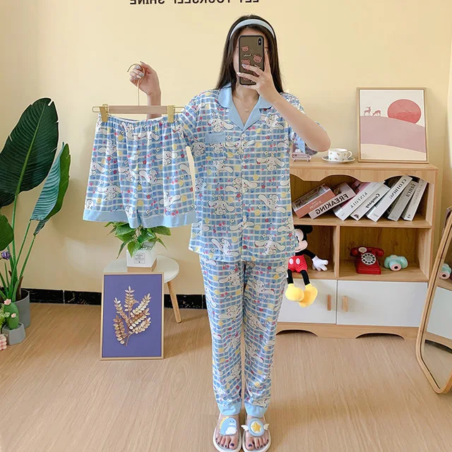 

Wholesale Pijamas Kawaii Pajama Cardigan Set 3 Piece Pyjama Satin Femme Sleepwear Short Sleeve And Long Pants Lady Loungewear