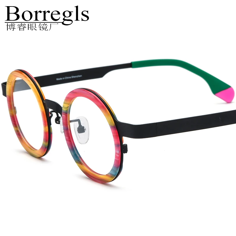 Borregls Acetate Titanium Glasses Frame Women New Brand Designer Vintage Round Eyeglasses Men Spectacle Optical Eyewear 185816