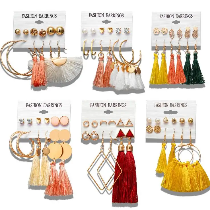 

new fashion tassel stud earrings 6 pairs intimate pearl circle earrings set for girls women, Mix