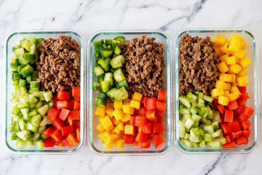 Colorful ground beef and bell pepper meal prep containers with fresh vegetables