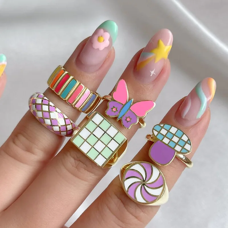 

Fashion New Arrivals Silver Gold Plated Colorful Oil Drop Heart Shape Rings Open Candy Color Cartoon Shaped Finger Ring