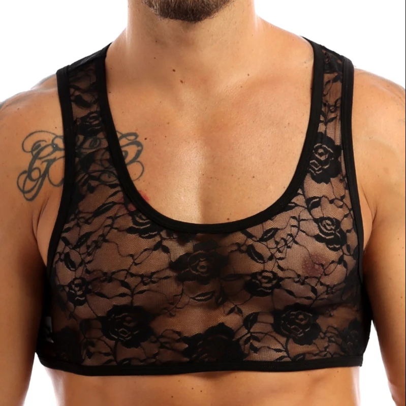 

iEFiEL Sissy Mens Adult See Through Sheer Lingerie Sleeveless Breathable Lace Short Vest Crop Tops Nightwear Sleepwear