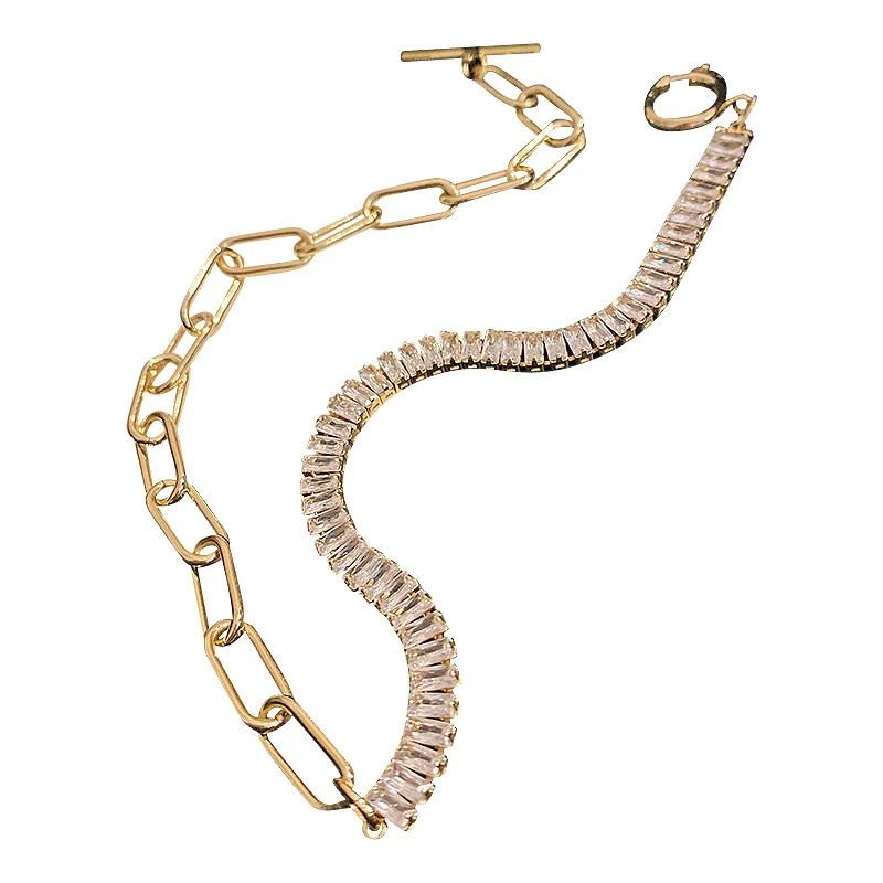 

Ins Fashion 18K Real Gold Plated Oval Link Chain Choker Necklace Creative Sparkle Rhinestone Crystal Irregular Necklace
