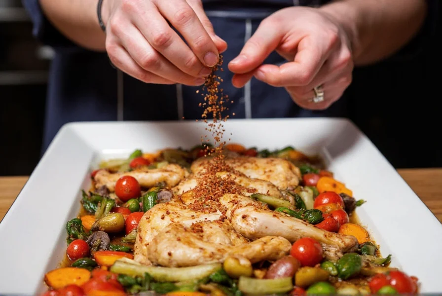 Chef's hands sprinkling Aleppo chili flakes over a finished dish of roasted vegetables and grilled chicken