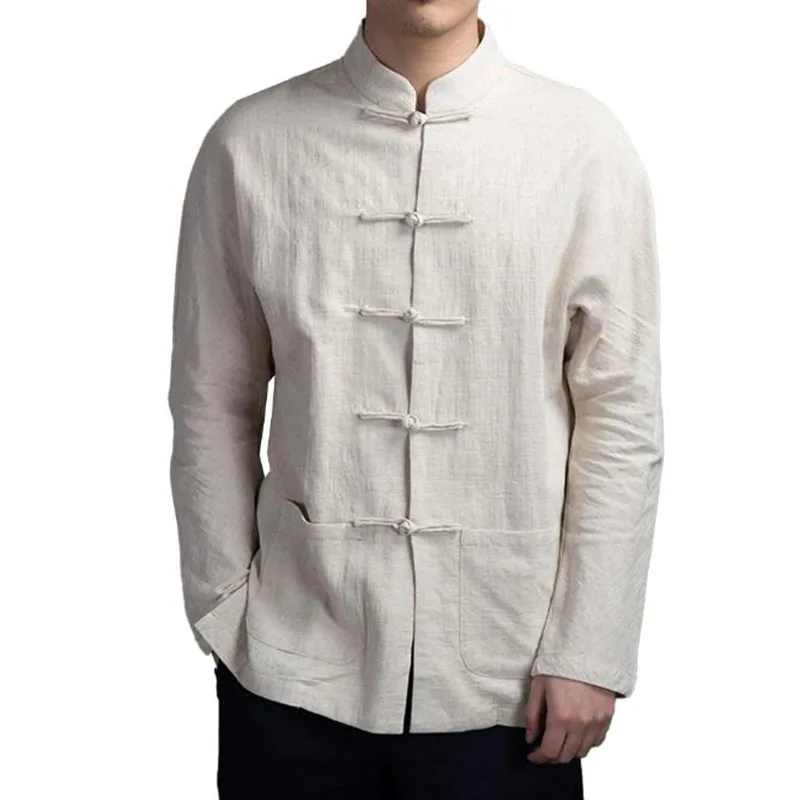 RNSHANGER Fashion Chinese Style Men Shirts Traditional Kung Fu Tai Chi Cotton and Linen Tang Suit Uniform Shirt for Men
