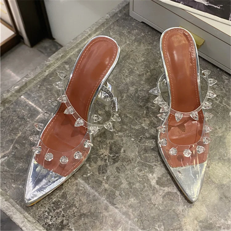 

Transparent Womens Perspex Rivet Heels Silver Clear PVC Heels Crystal Embellished Pointed High Heels Women's Pumps