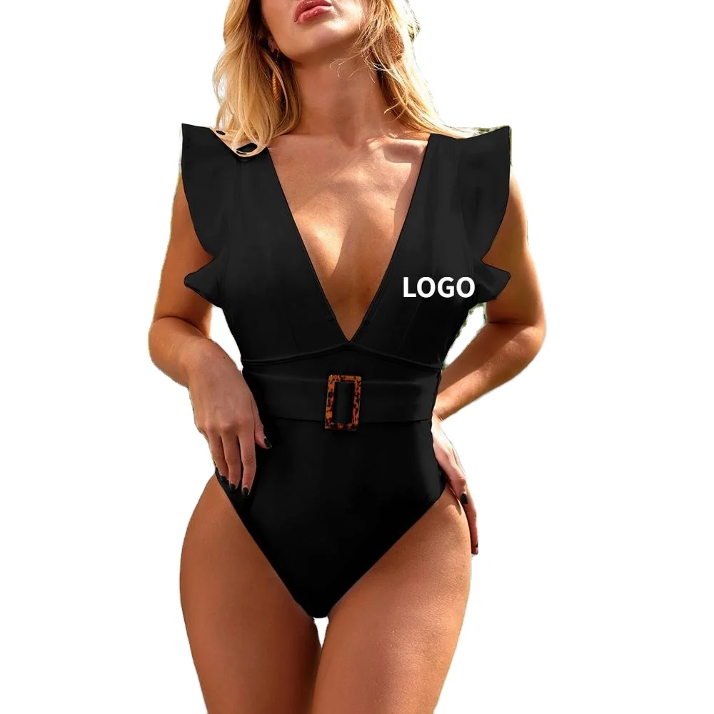 

High Quality Swimsuit Women Bodysuit 2020 Backless Ruffle Sleeves Surfing Bikini One Piece Swimwear Three snails