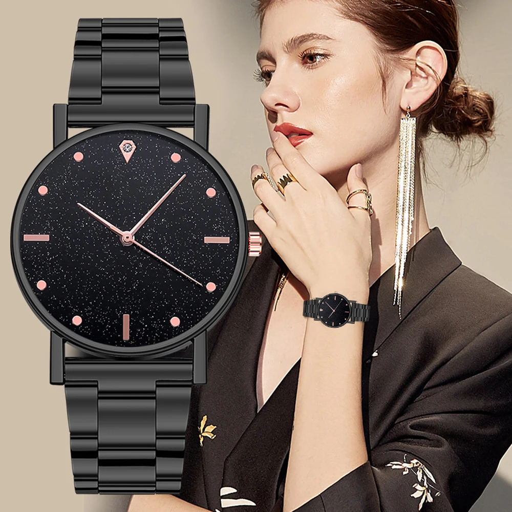 

Black Women Watch 2020 Top Brand Luxury Starry Sky Lady Stainless Steel Band Analog Quartz Wrist Watch For Dropship